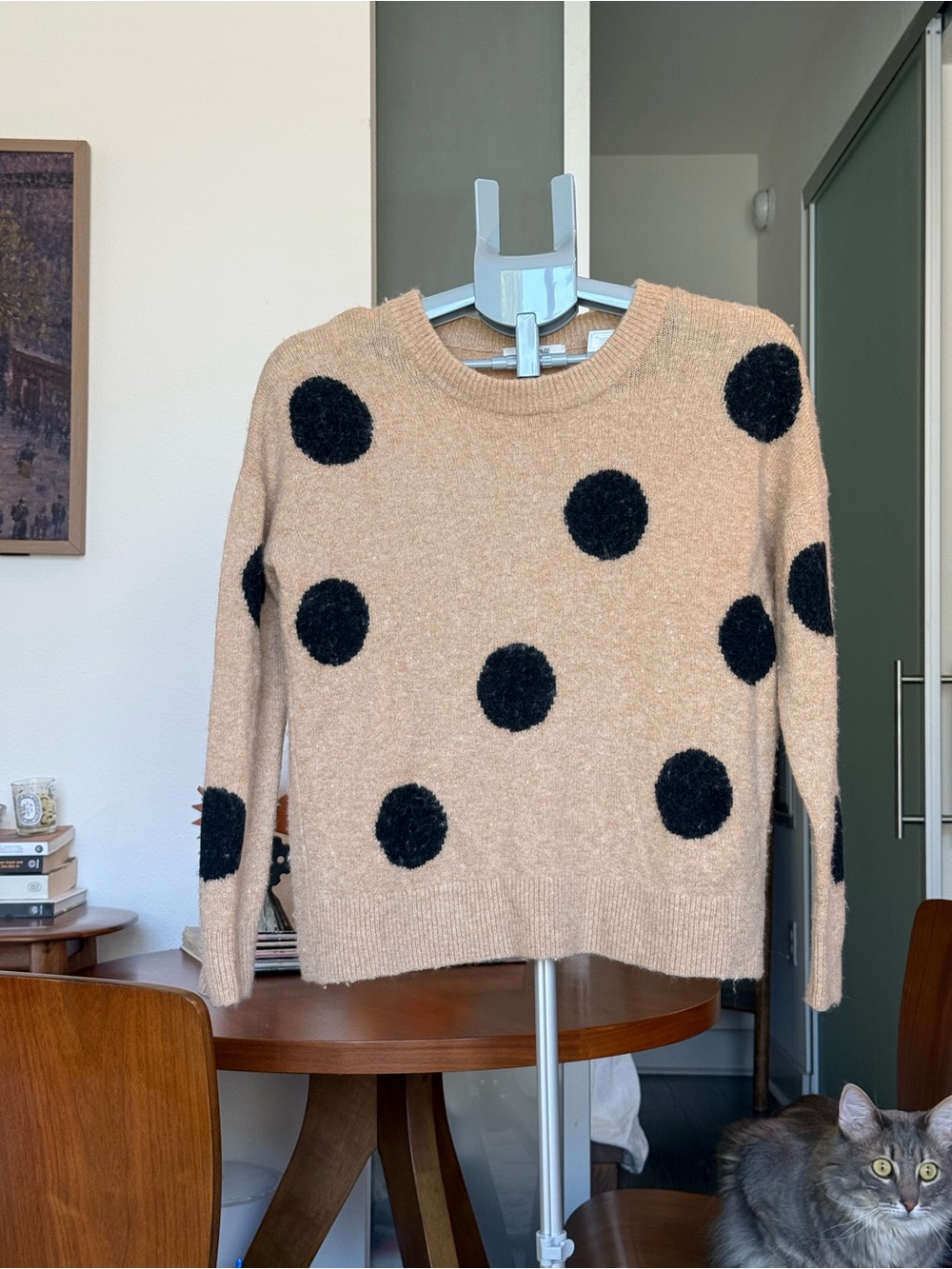 Madewell - Women's Tan Crewneck Merino-Blend Sweater with Black Polka Dots